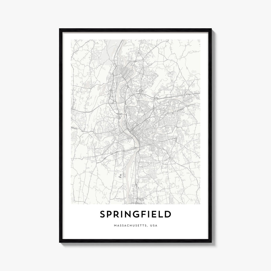 Springfield, Massachusetts black & white map poster of Massachusetts, USA – vertical wall art, unframed print shown in interi