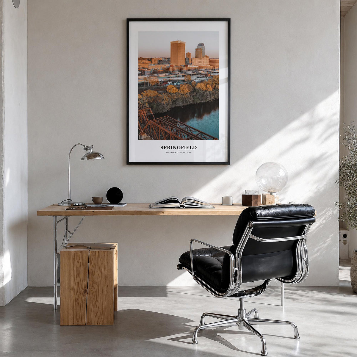 Springfield, Massachusetts colorful classic poster of Massachusetts, USA – vertical wall art in black wood frame, hanging on 