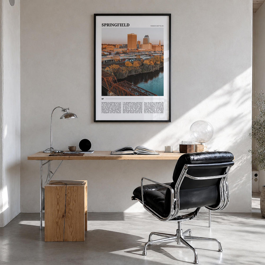 Springfield, Massachusetts colorful travel poster of Massachusetts, USA – vertical wall art in black wood frame, hanging on w