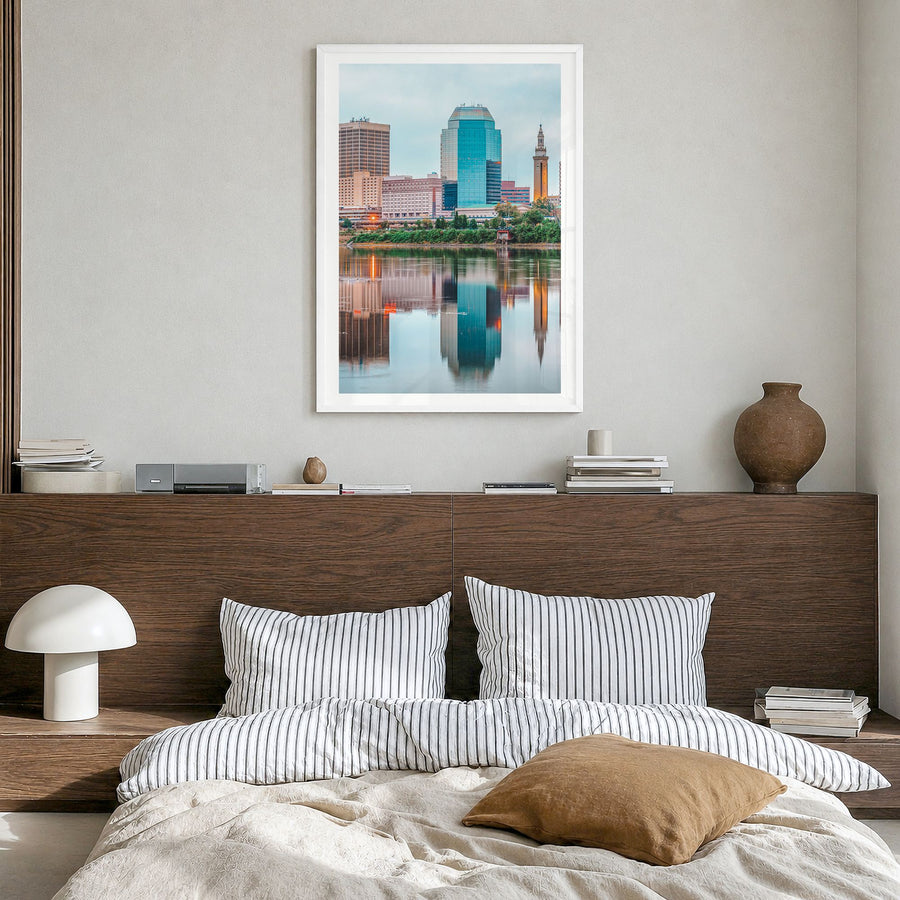 Springfield, Massachusetts Photo Poster in a white wood frame, hanging in a bedroom, white border