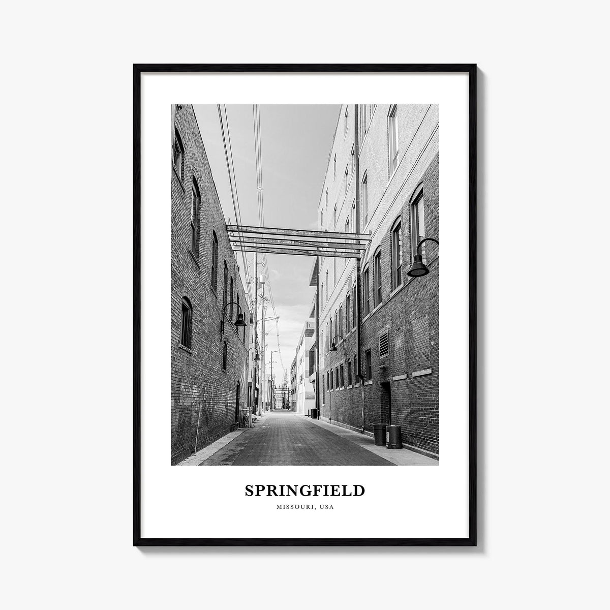 Springfield, Missouri black & white classic poster of Missouri, USA – vertical wall art, unframed print shown in interior moc