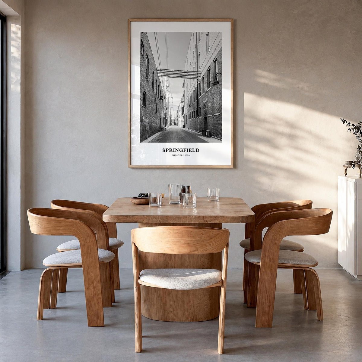 Springfield, Missouri black & white classic poster of Missouri, USA – vertical wall art in natural wood frame, hanging on wal