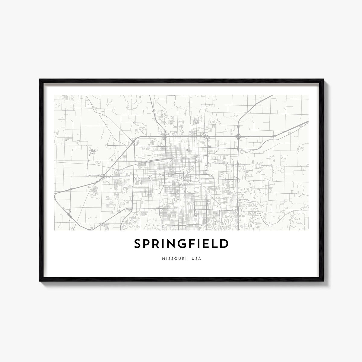 Springfield, Missouri black & white map poster of Missouri, USA – horizontal wall art, unframed print shown in interior mocku