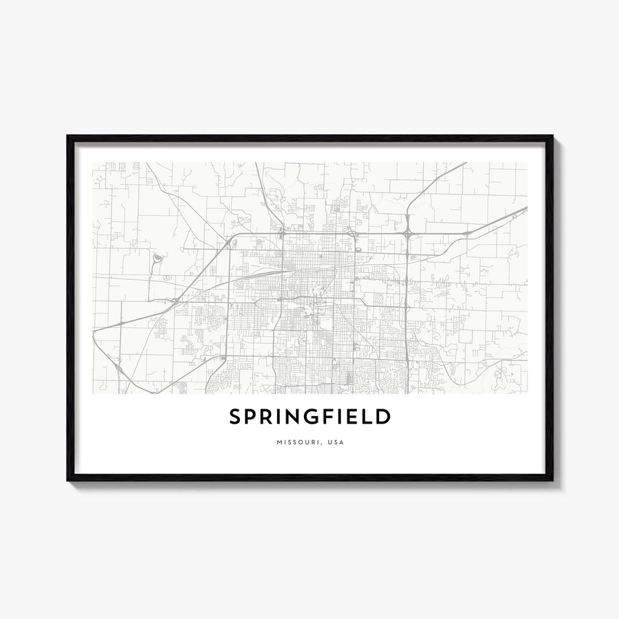 Springfield, Missouri black & white map poster of Missouri, USA – horizontal wall art, unframed print shown in interior mocku