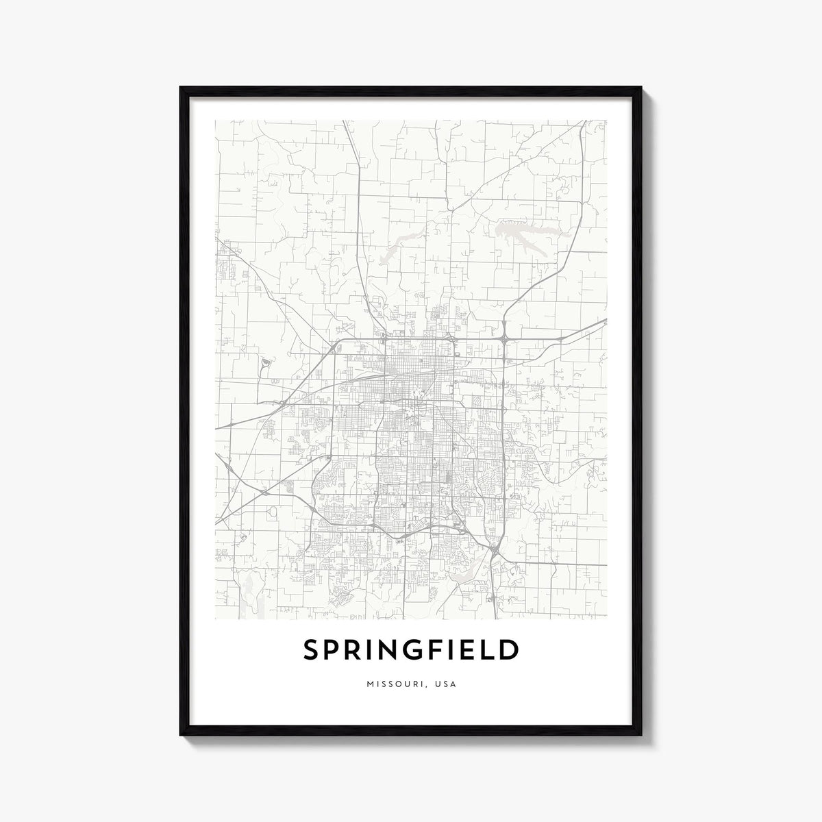 Springfield, Missouri black & white map poster of Missouri, USA – vertical wall art, unframed print shown in interior mockup