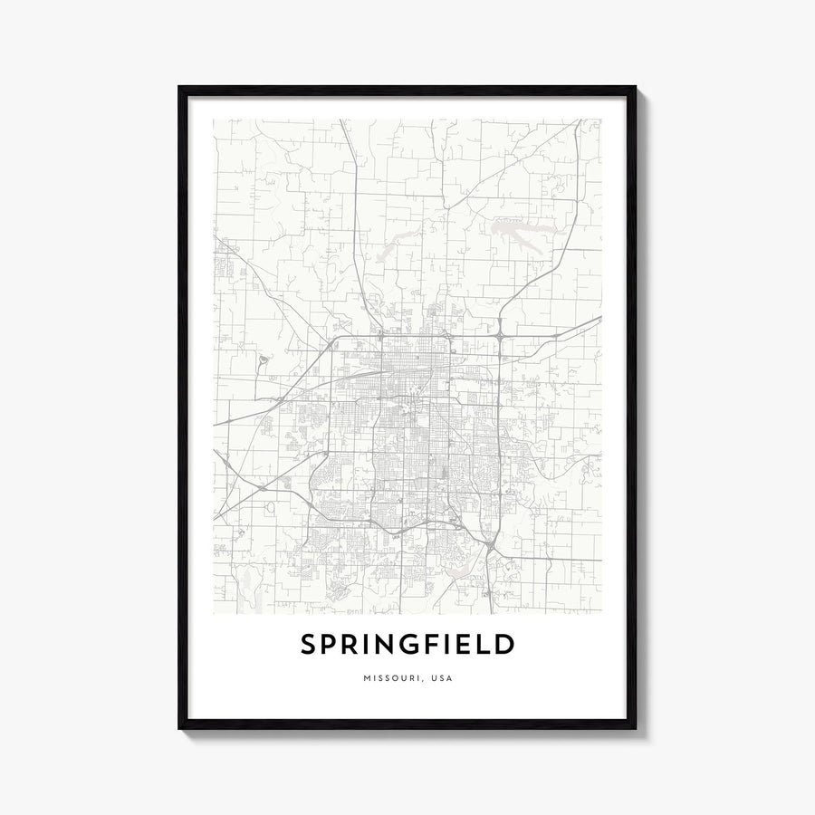 Springfield, Missouri black & white map poster of Missouri, USA – vertical wall art, unframed print shown in interior mockup