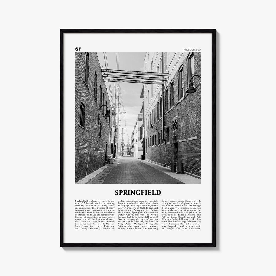 Springfield, Missouri black & white newspaper poster of Missouri, USA – vertical wall art, unframed print shown in interior m