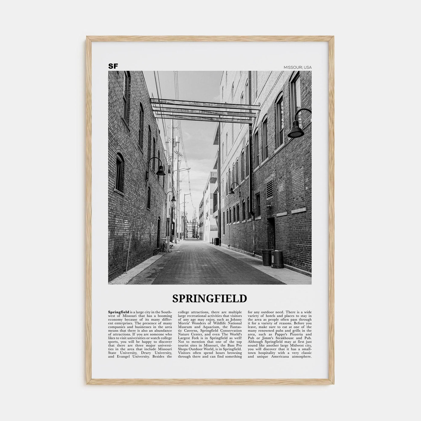 Springfield, Missouri Poster Natural Wood / 8x12 in Nbourhood Travel B&W Poster