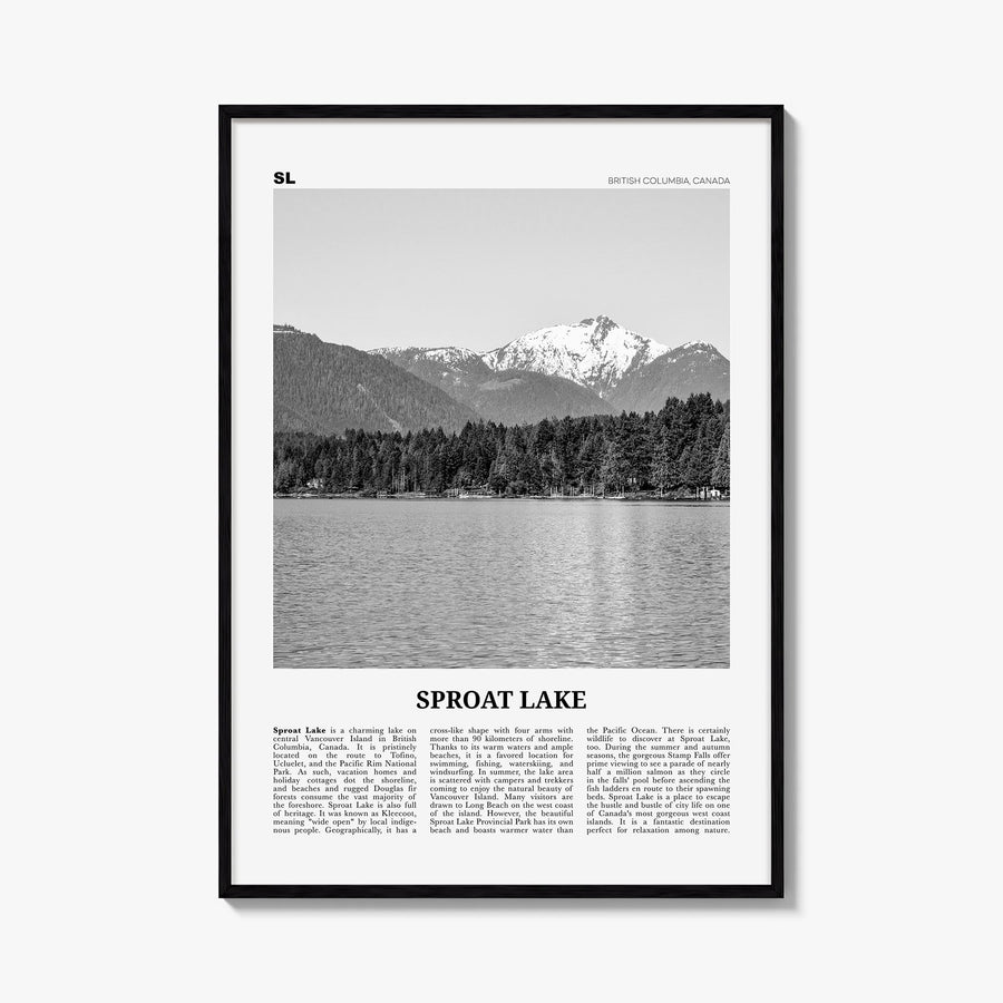 Sproat Lake black & white newspaper poster of British Columbia, Canada – vertical wall art, unframed print shown in interior 