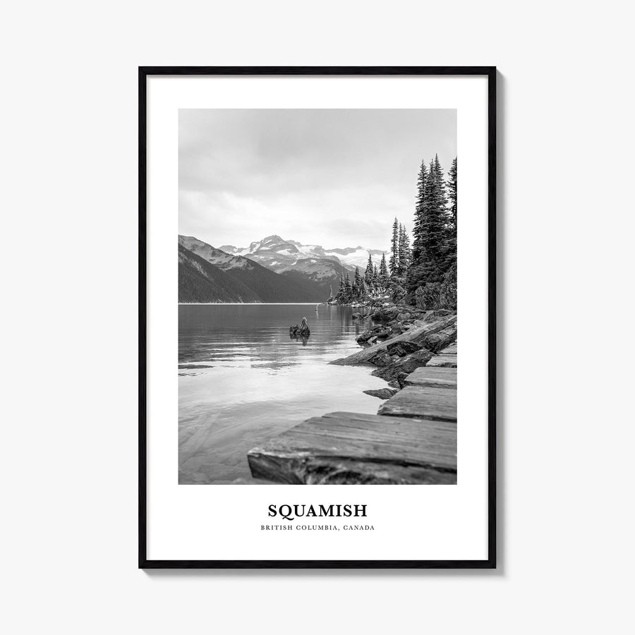 Squamish black & white classic poster of British Columbia, Canada – vertical wall art, unframed print shown in interior mocku