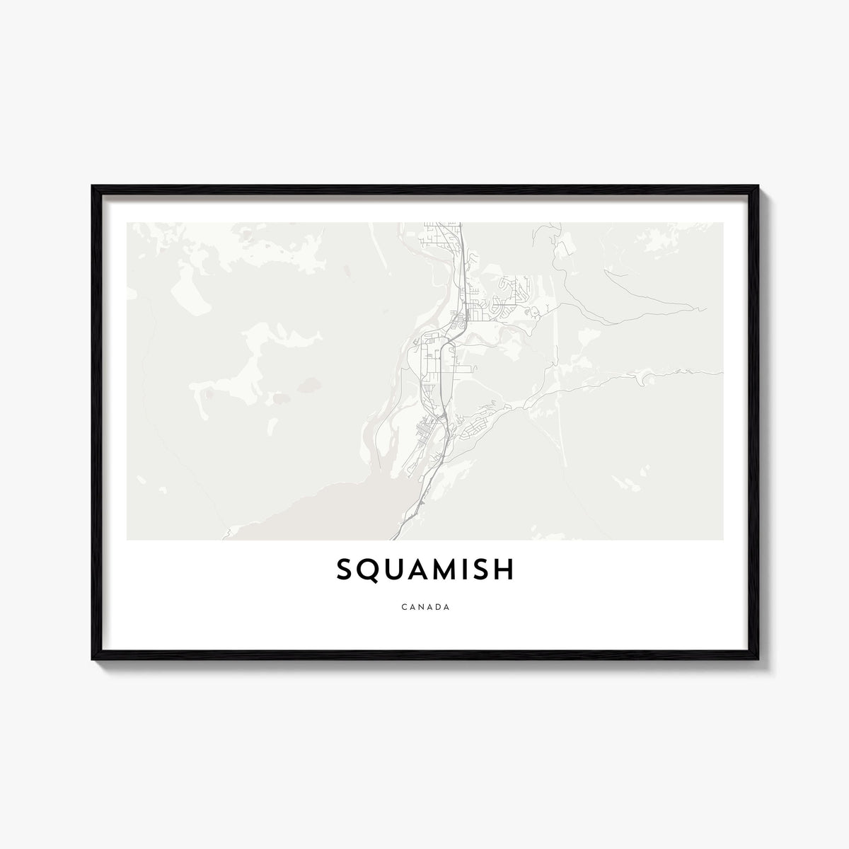 Squamish black & white map poster of British Columbia, Canada – horizontal wall art, unframed print shown in interior mockup