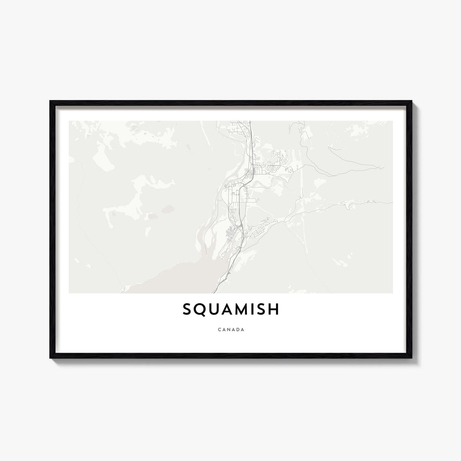 Squamish black & white map poster of British Columbia, Canada – horizontal wall art, unframed print shown in interior mockup