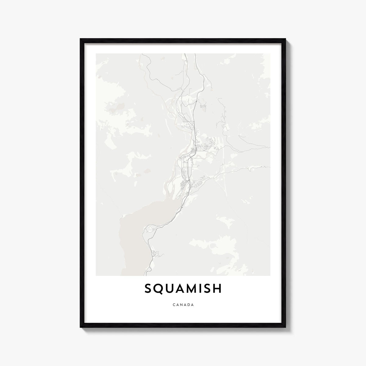 Squamish black & white map poster of British Columbia, Canada – vertical wall art, unframed print shown in interior mockup