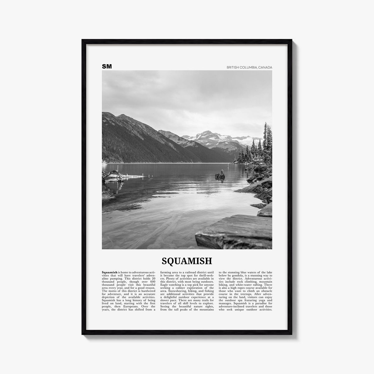 Squamish black & white newspaper poster of British Columbia, Canada – vertical wall art, unframed print shown in interior moc