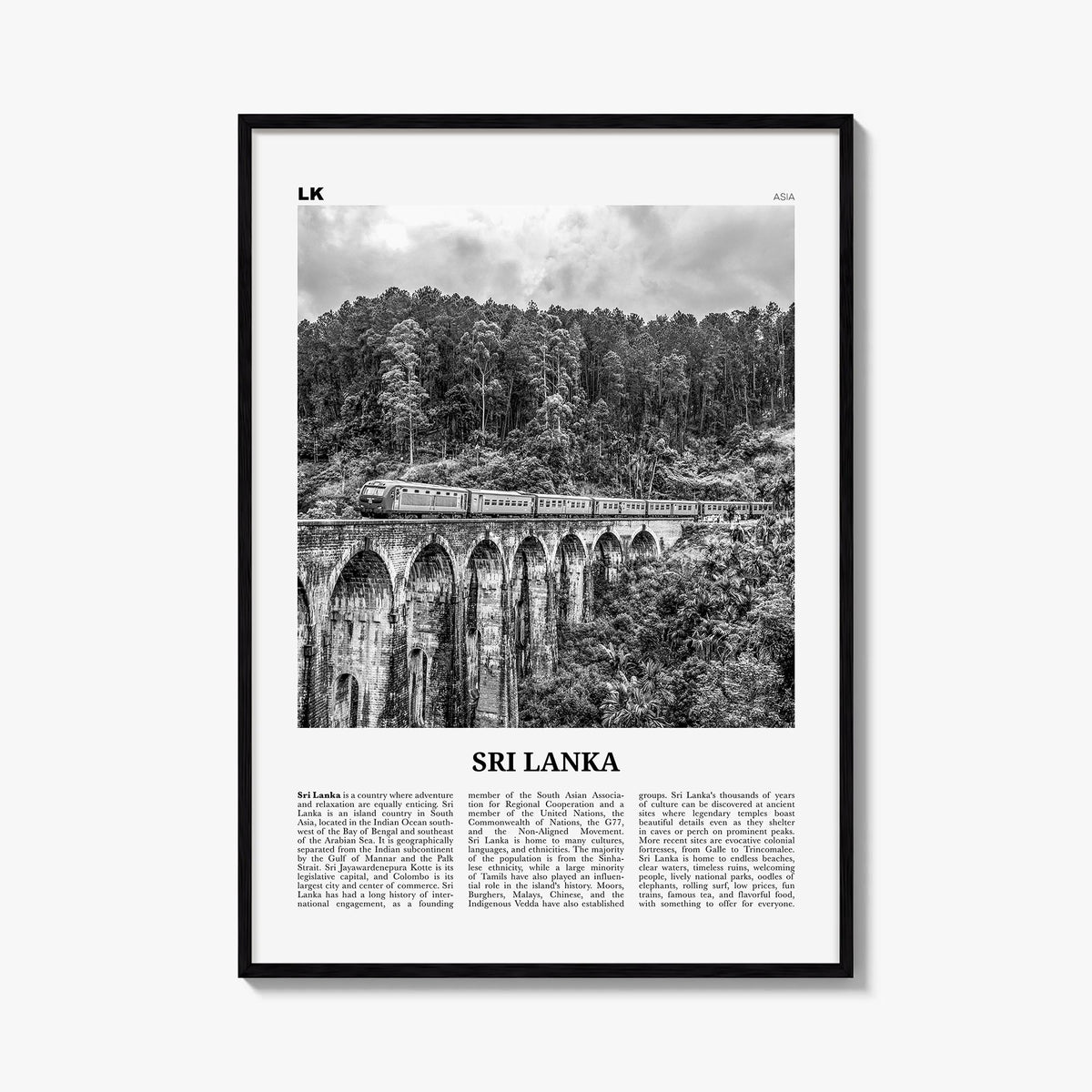 Sri Lanka black & white newspaper poster of Asia – vertical wall art, unframed print shown in interior mockup