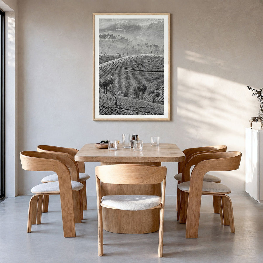Sri Lanka Photo Poster in a natural wood frame, hanging in a dining room, white border