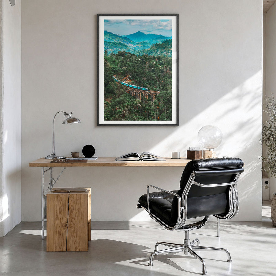Sri Lanka Photo Poster in a black wood frame, hanging in a bright home office, white border