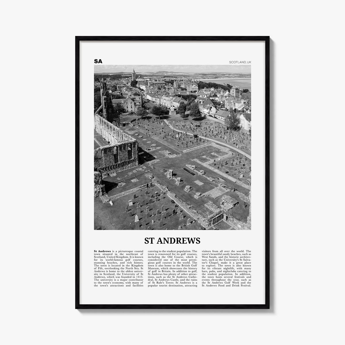 St. Andrews black & white newspaper poster of United Kingdom – vertical wall art, unframed print shown in interior mockup