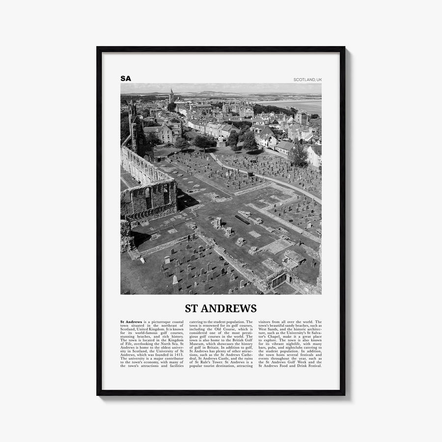 St. Andrews black & white newspaper poster of United Kingdom – vertical wall art, unframed print shown in interior mockup