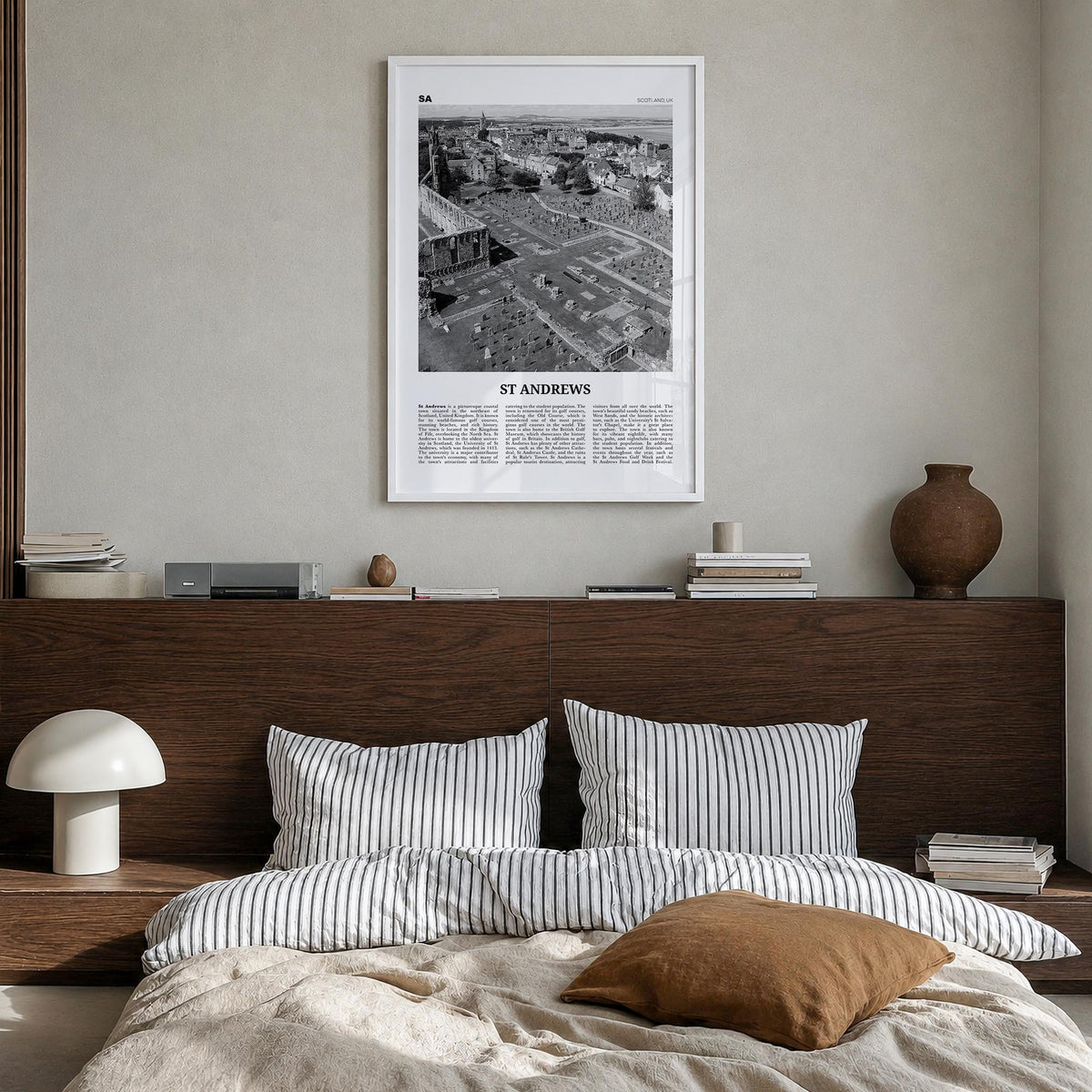 St. Andrews black & white newspaper poster of United Kingdom – vertical wall art in white wood frame, hanging on wall