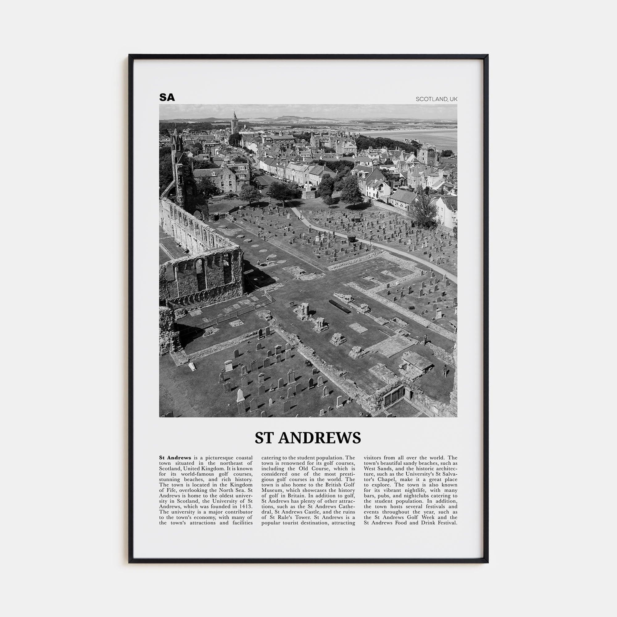 St. Andrews Poster Black Metal / 8x12 in Nbourhood Travel B&W Poster