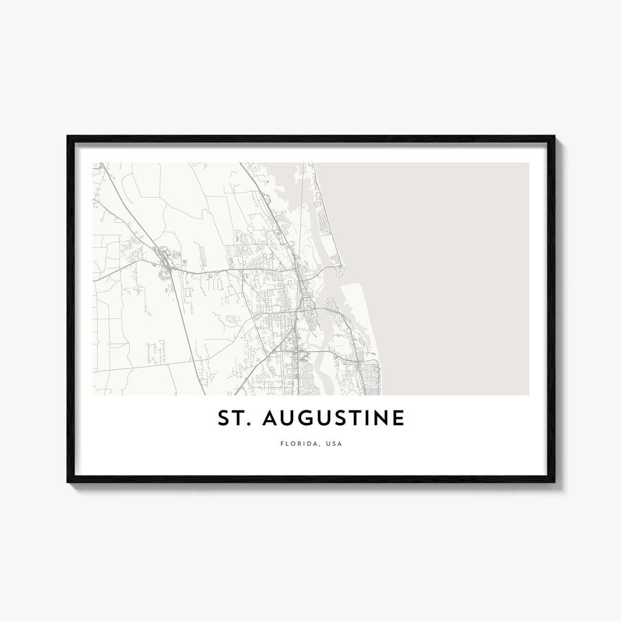 St. Augustine black & white map poster of Florida, USA – horizontal wall art, unframed print shown in interior mockup
