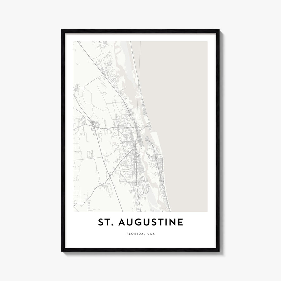 St. Augustine black & white map poster of Florida, USA – vertical wall art, unframed print shown in interior mockup
