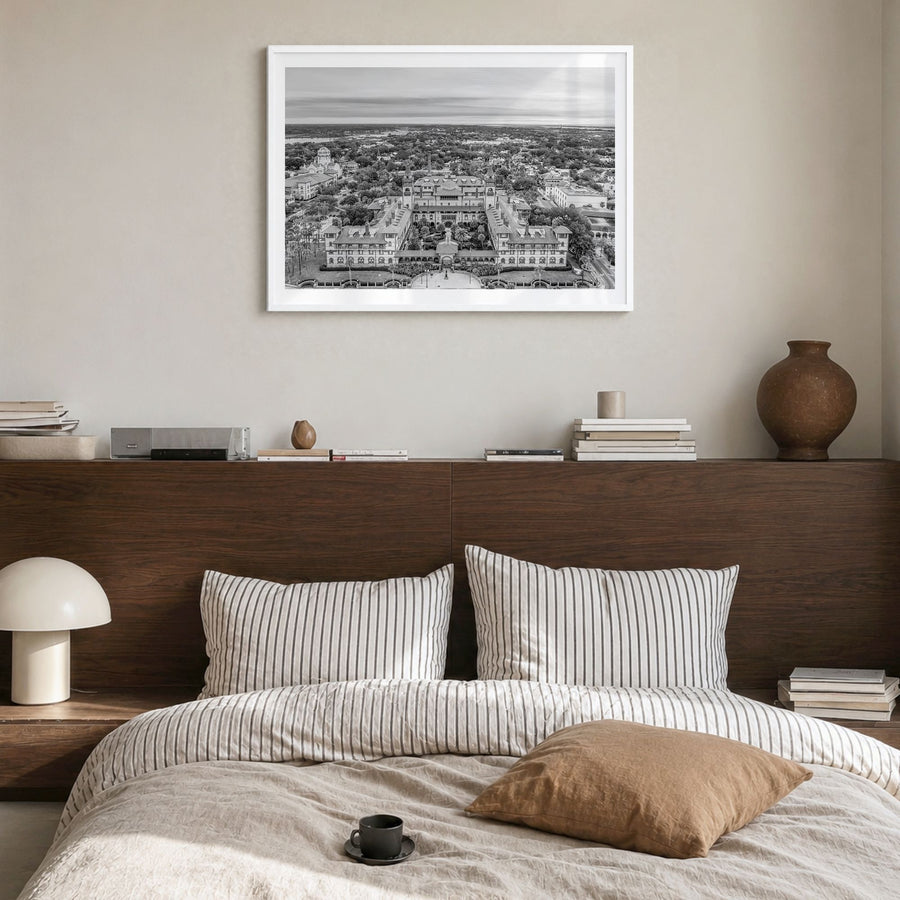 St. Augustine Photo Poster in a white wood frame, hanging in a bedroom, white border