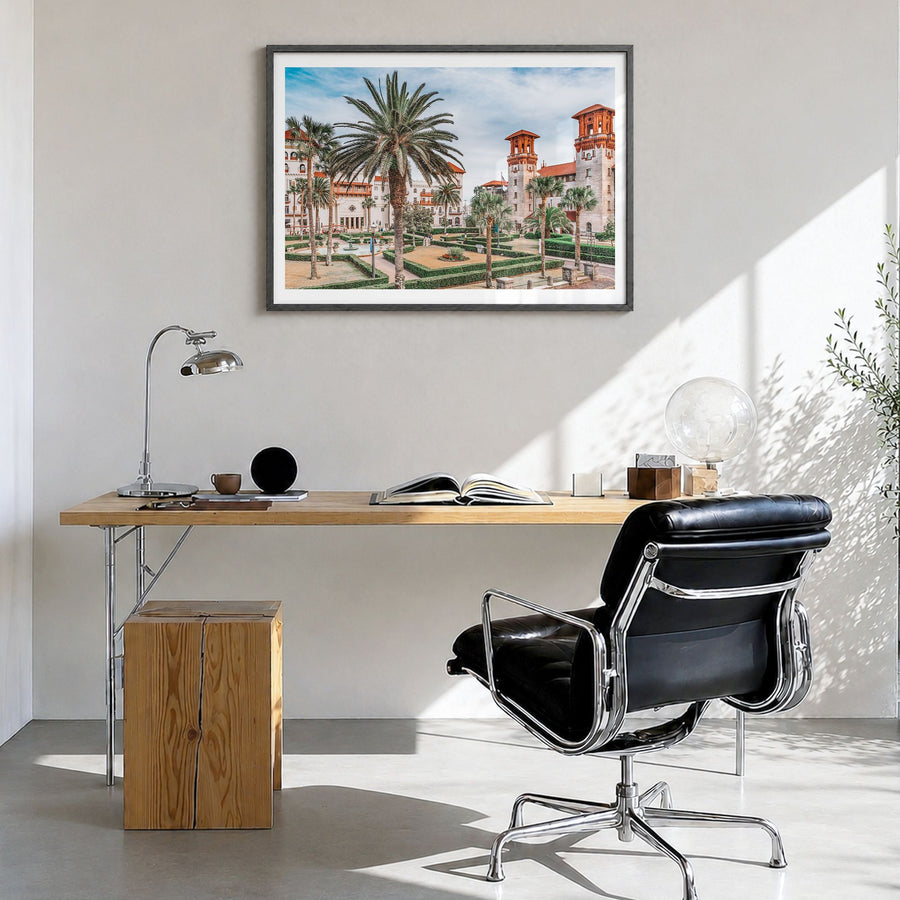 St. Augustine Photo Poster in a black wood frame, hanging in a bright home office, white border