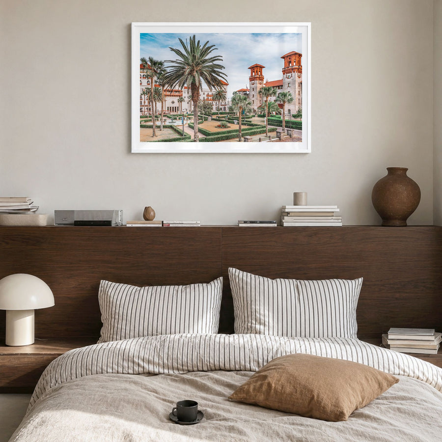St. Augustine Photo Poster in a white wood frame, hanging in a bedroom, white border