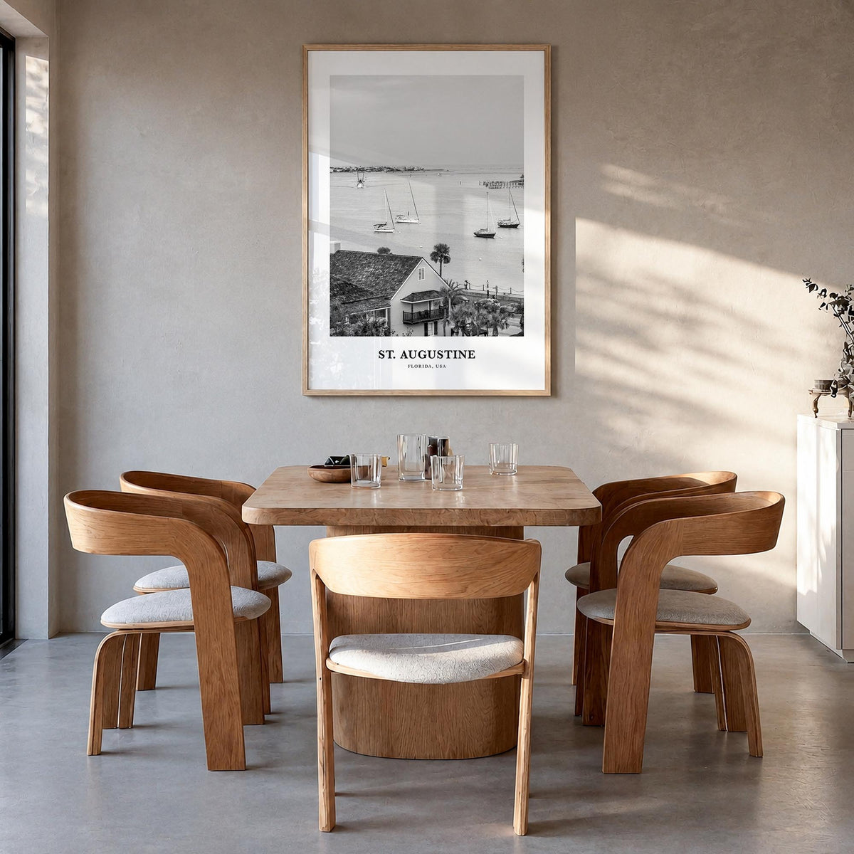 St. Augustine no. 1 black & white classic poster of Florida, USA – vertical wall art in natural wood frame, hanging on wall