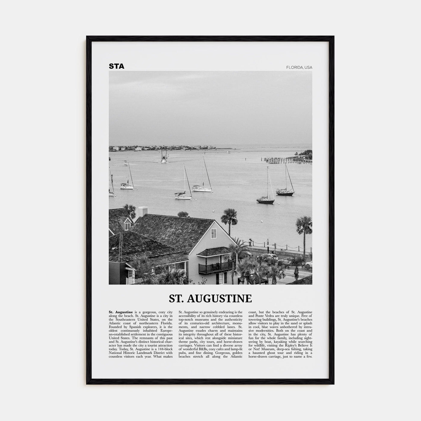 St. Augustine No 1 Poster Black Wood / 8x12 in Nbourhood Travel B&W Poster