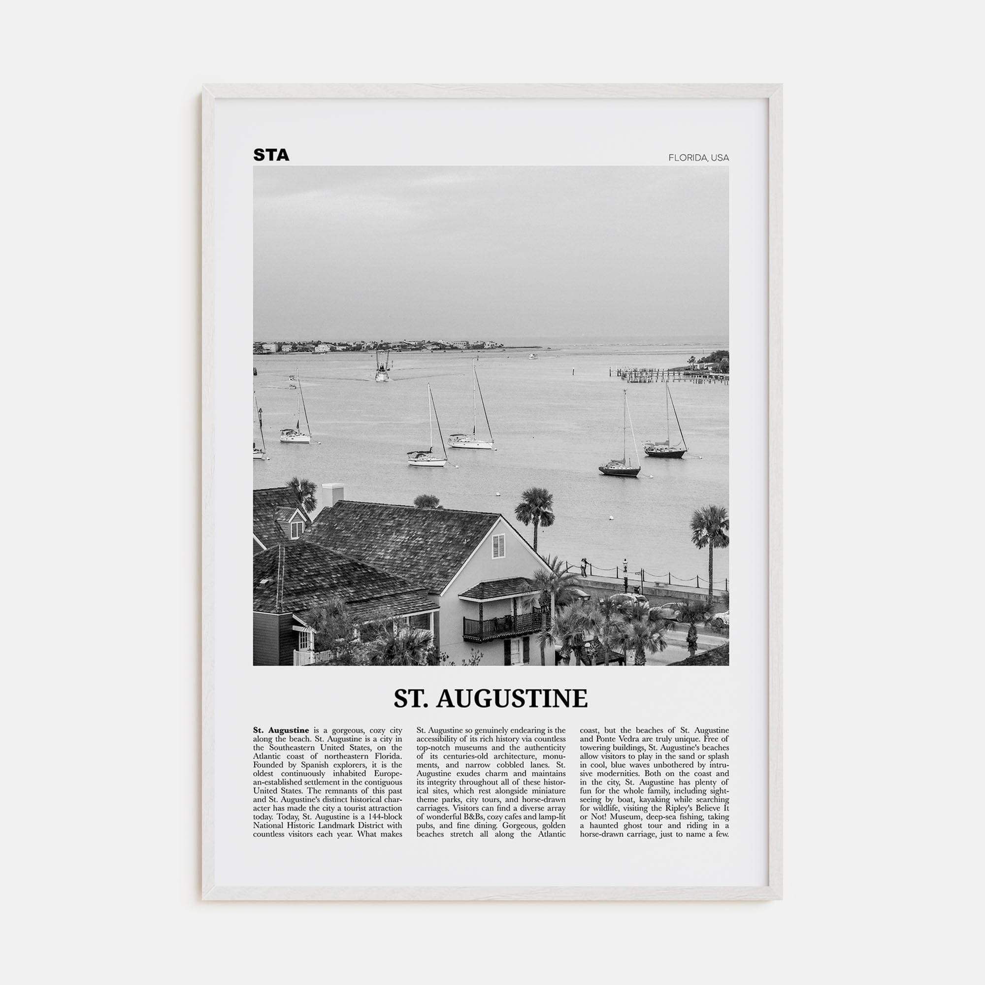 St. Augustine No 1 Poster White Wood / 8x12 in Nbourhood Travel B&W Poster