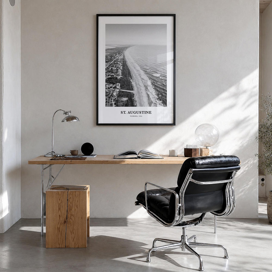 St. Augustine no. 2 black & white classic poster of Florida, USA – vertical wall art in black wood frame, hanging on wall