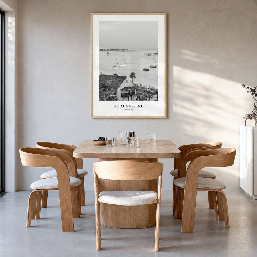 St. Augustine Classic No 1 Poster in a natural wood frame, hanging in a dining room