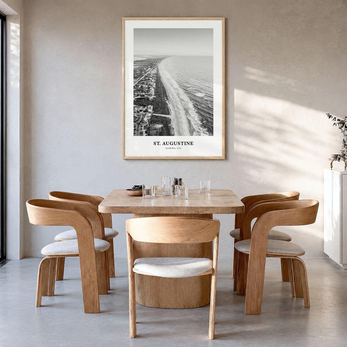St. Augustine Classic No 2 Poster in a natural wood frame, hanging in a dining room