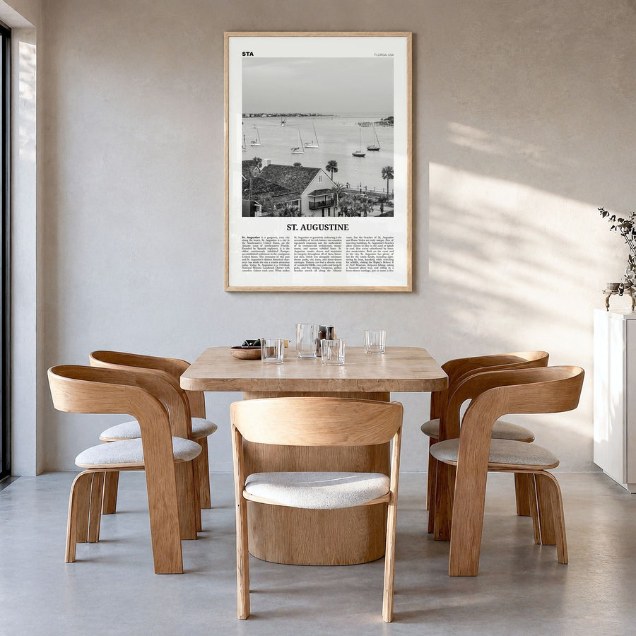 St. Augustine Newspaper No 1 Poster in a natural wood frame, hanging in a dining room