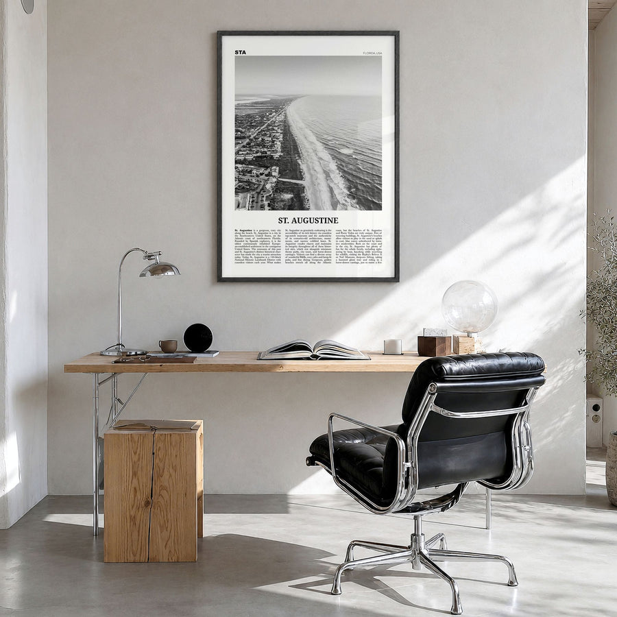 St. Augustine Newspaper No 2 Poster in a black wood frame, hanging in a bright home office