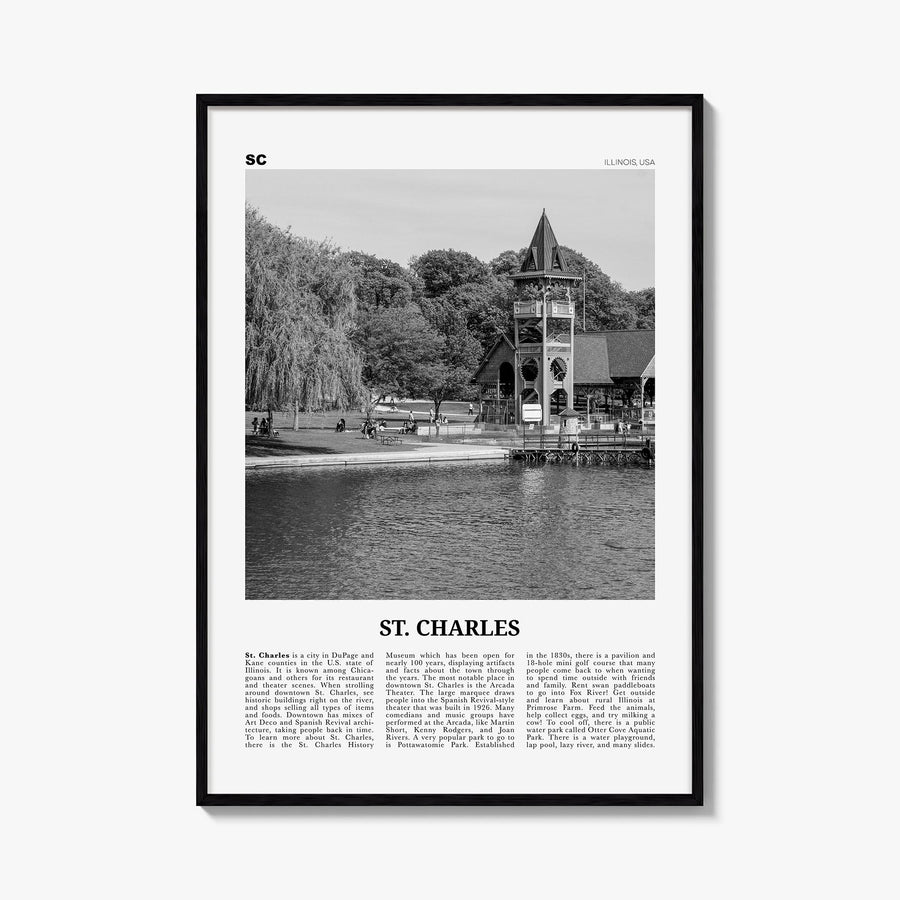 St. Charles, Illinois black & white newspaper poster of Illinois, USA – vertical wall art, unframed print shown in interior m