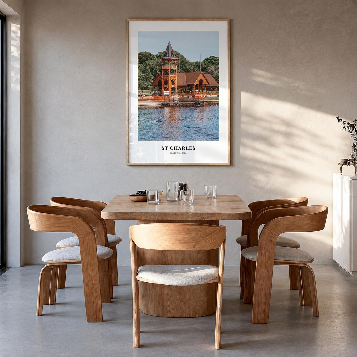 St. Charles, Illinois colorful classic poster of Illinois, USA – vertical wall art in natural wood frame, hanging on wall