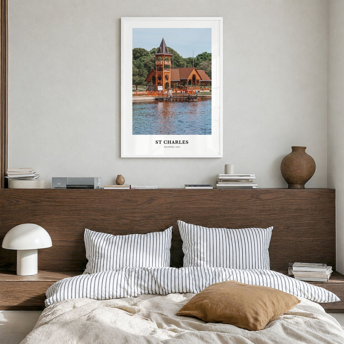 St. Charles, Illinois Classic Poster in a white wood frame, hanging in a bedroom