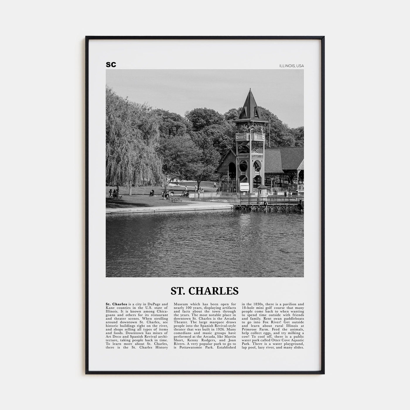 St. Charles, Illinois Poster Black Metal / 8x12 in Nbourhood Travel B&W Poster