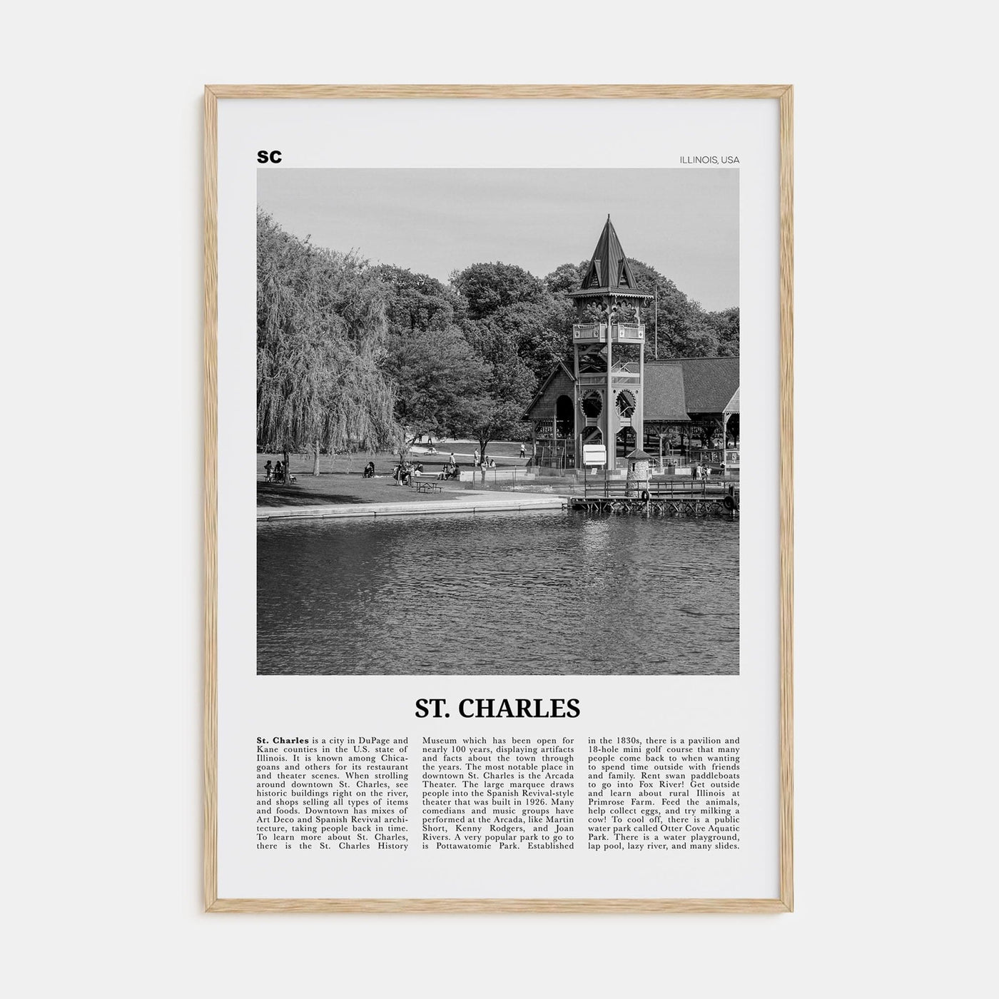 St. Charles, Illinois Poster Natural Wood / 8x12 in Nbourhood Travel B&W Poster