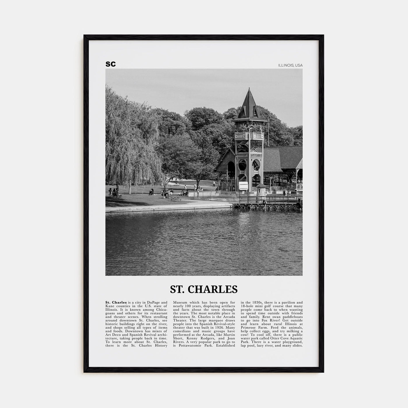 St. Charles, Illinois Poster Black Wood / 8x12 in Nbourhood Travel B&W Poster