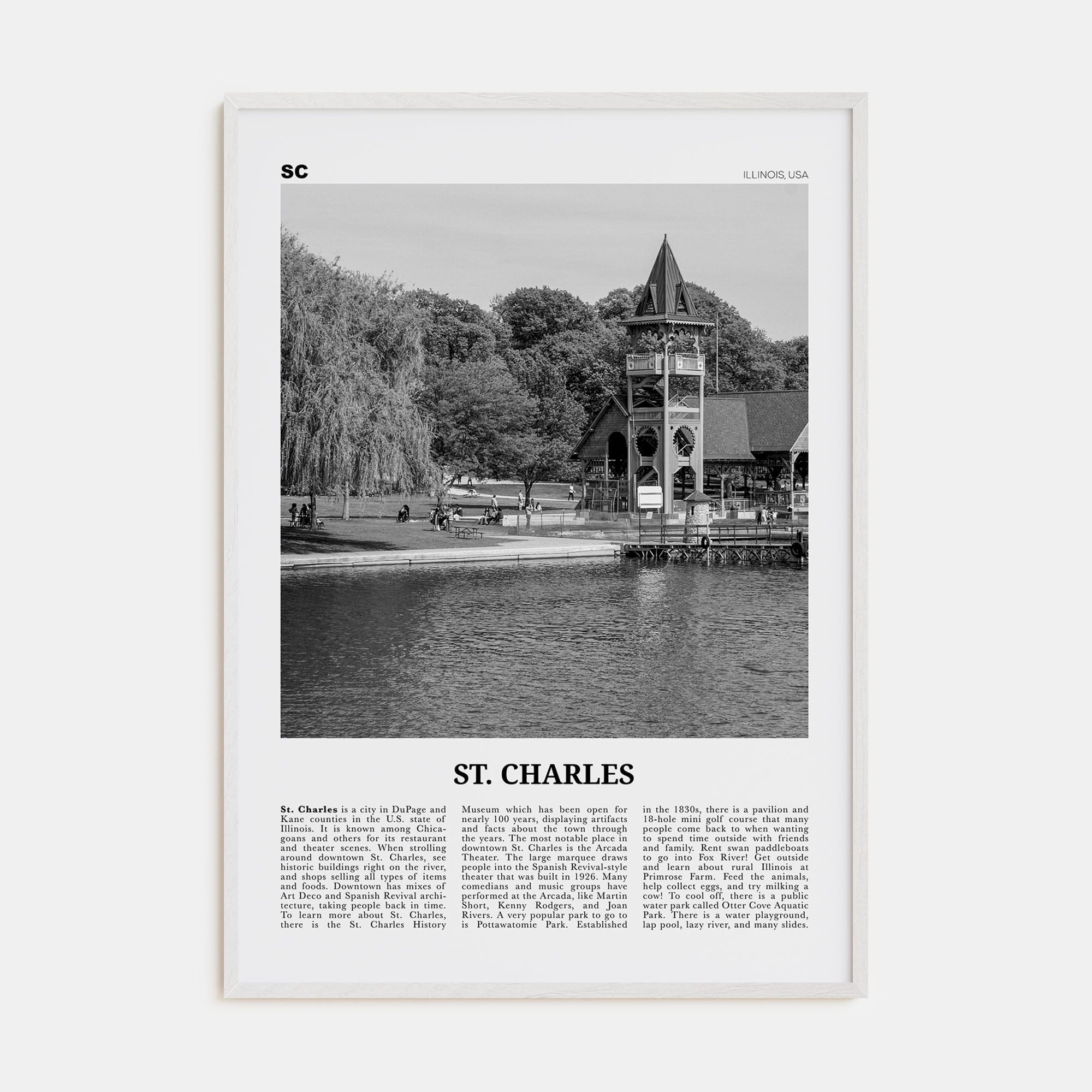 St. Charles, Illinois Poster White Wood / 8x12 in Nbourhood Travel B&W Poster