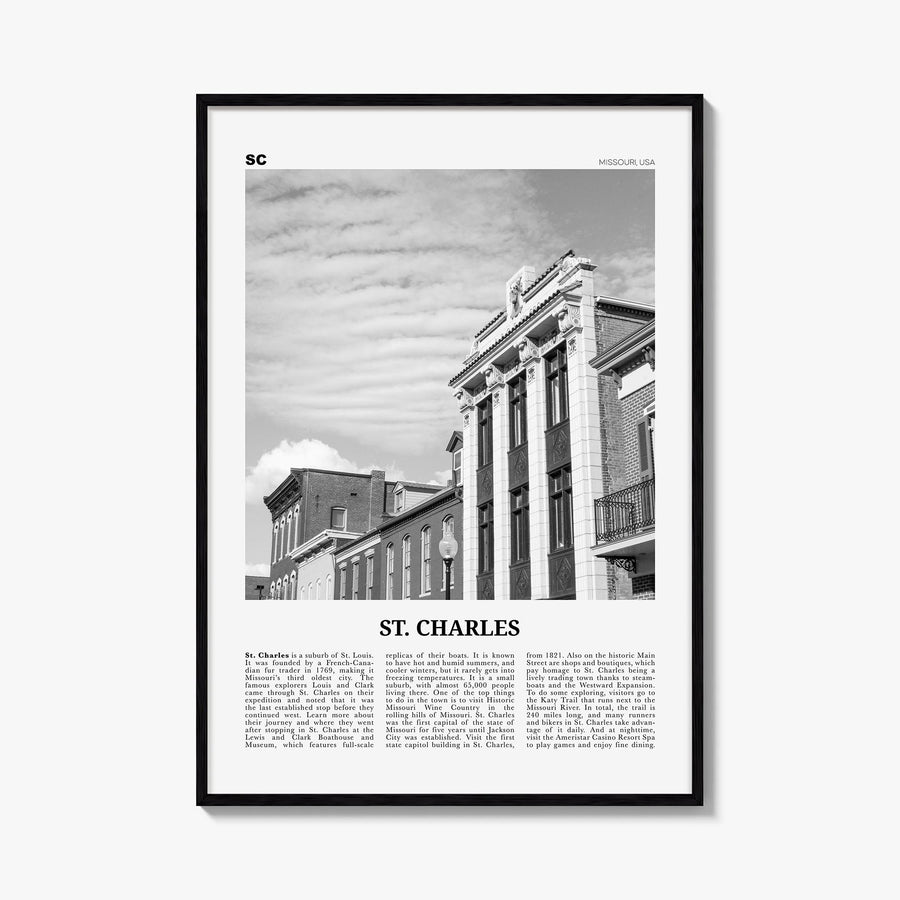 St. Charles, Missouri black & white newspaper poster of Missouri, USA – vertical wall art, unframed print shown in interior m