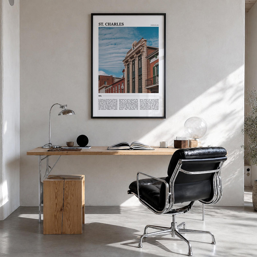 St. Charles, Missouri colorful travel poster of Missouri, USA – vertical wall art in black wood frame, hanging on wall