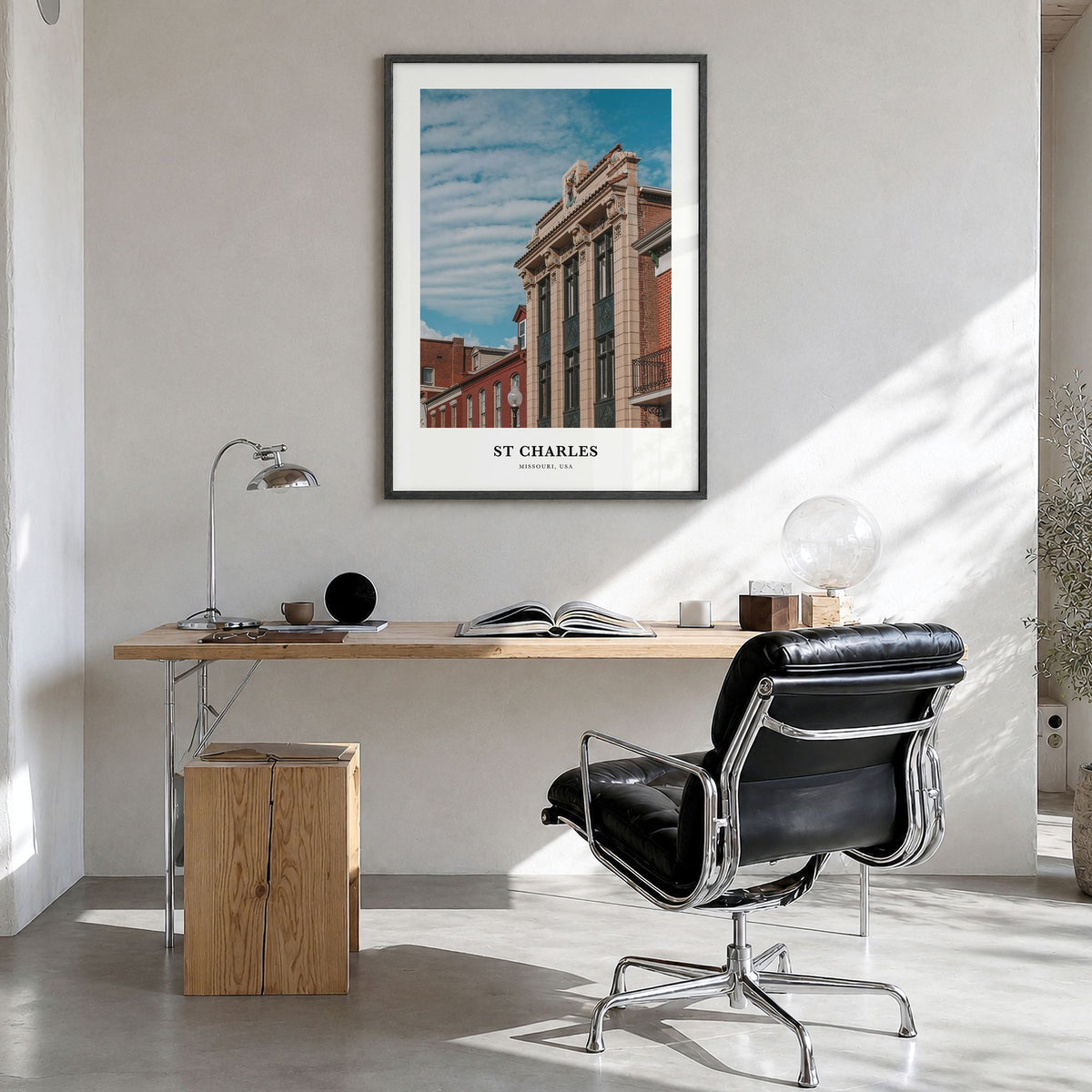 St. Charles, Missouri Classic Poster in a black wood frame, hanging in a bright home office