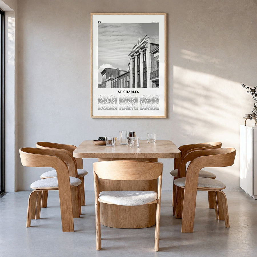 St. Charles, Missouri Newspaper Poster in a natural wood frame, hanging in a dining room