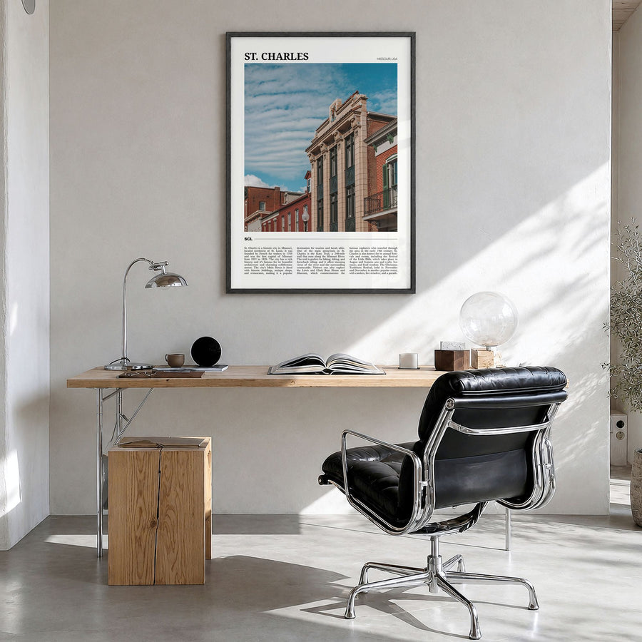 St. Charles, Missouri Travel Poster in a black wood frame, hanging in a bright home office